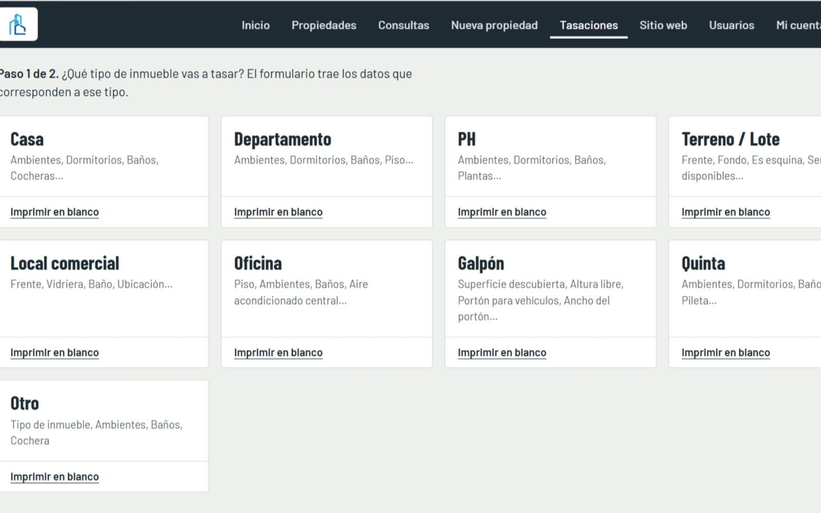 Captura de pantalla: Generador de formularios de tasación