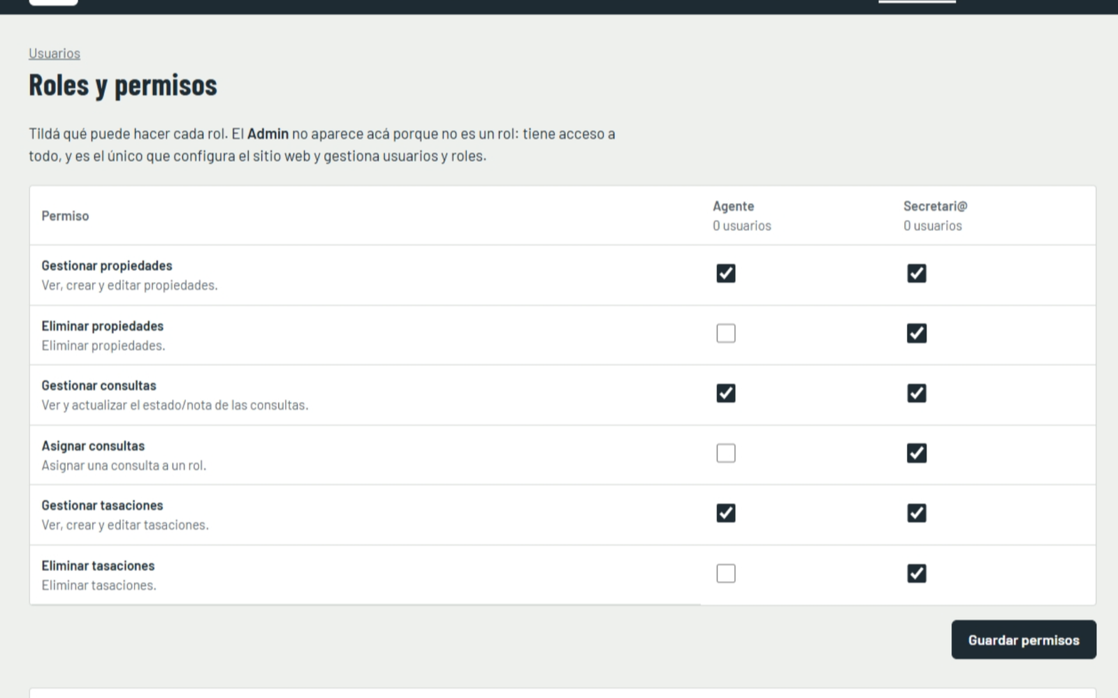 Captura de pantalla: Roles y usuarios múltiples